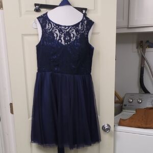 Sleeveless Navy Lace & Tulle Formal Dress
